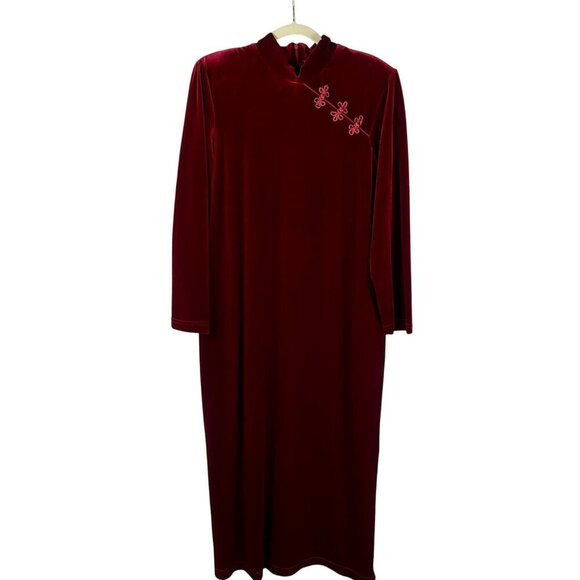 Stretch Velvet Asian Inspired Dress Women 14 Red Long Sleeves Maxi Long Length - Picture 1 of 8